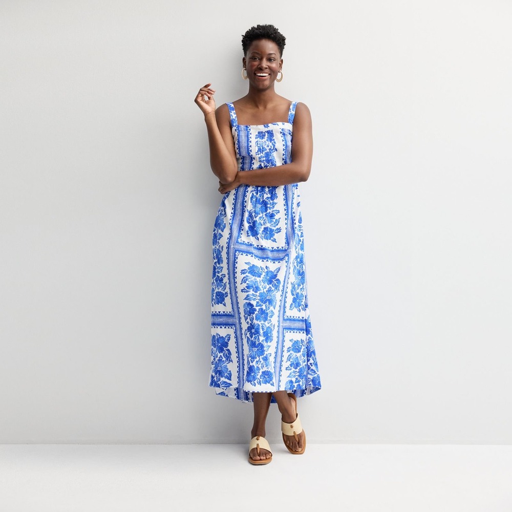 Sonoma Dress Women PXL Blue White Floral Cotton Rayon Maxi Strap Cottagecore